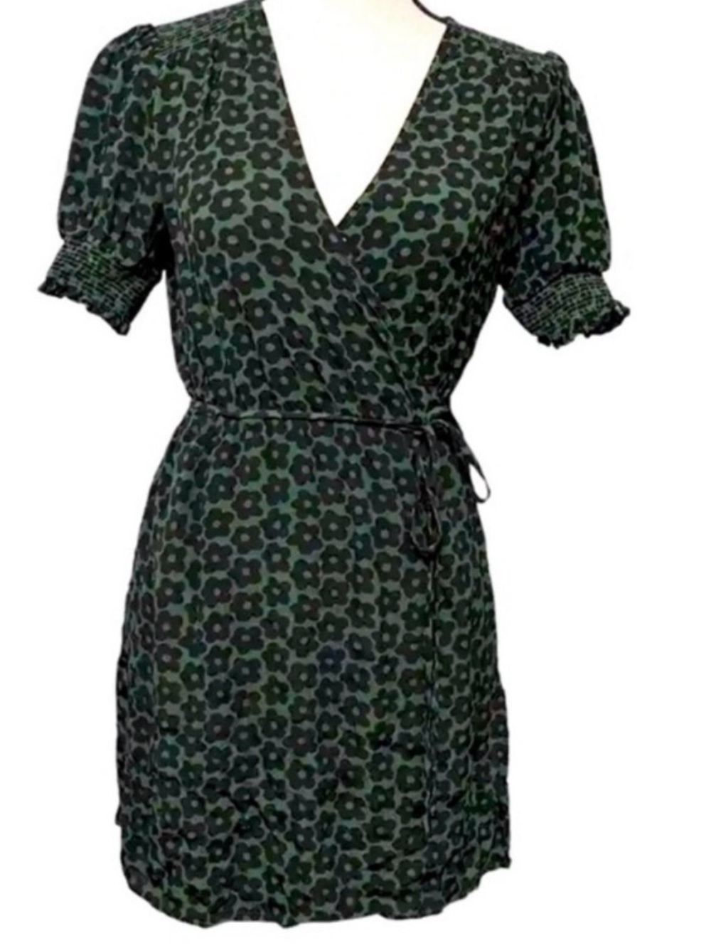 Urban Outfitters Green And Black Floral Mini Wrap Dress With Puff Sleeves Size M
